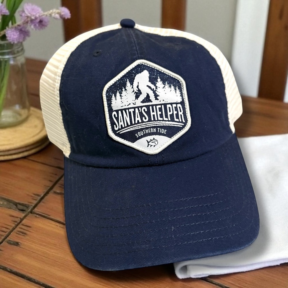 Southern Tide Santa's Helper Trucker Hat Blue White Bigfoot Patch Cap‎